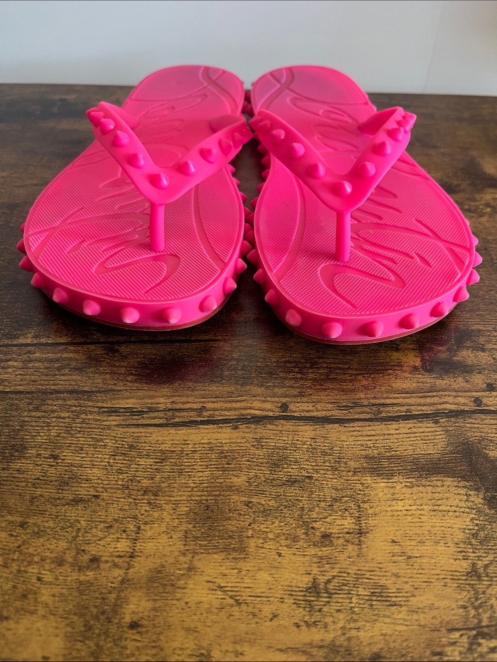 Christian Louboutin Neon Pink and Red Studded Flip Flops Size 38 - Picture 8 of 14